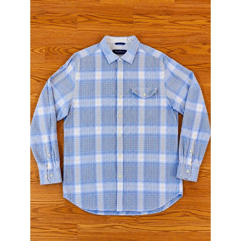 Tommy Bahama Blue/White/Yellow Plaid LS Woven Cotton Point Collar Shirt L/G